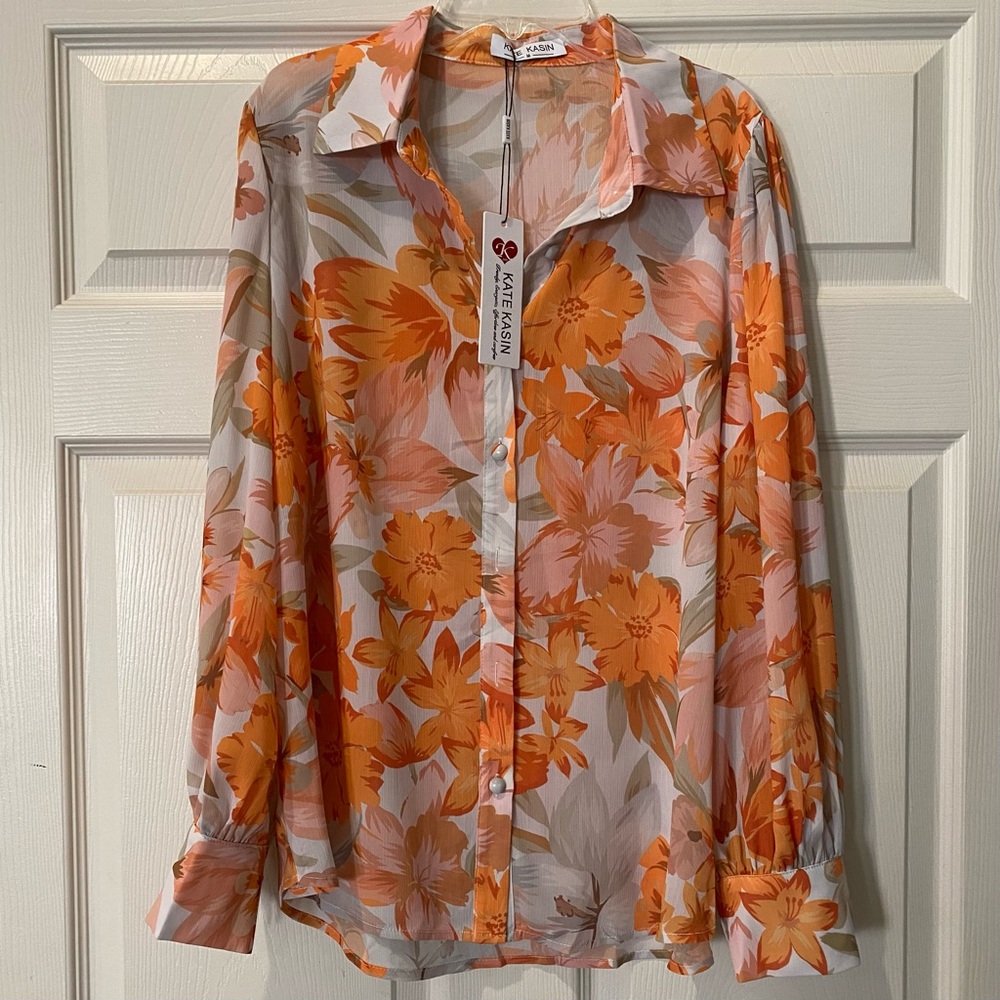 🔸HOST PICK🔸Floral Orange and Gray Button-Up Blouse
